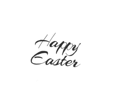 Happy Easter lettering calligraphy on lens defocused pink blossom background. Holiday postcard, poster, banner, greeting card.の写真素材