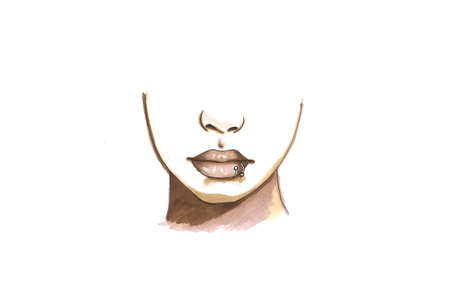 Woman s face parts eyes, lips and nose. Black line sketch design elements. drawing with markers, sketch - part of a girl's face, lipsの写真素材
