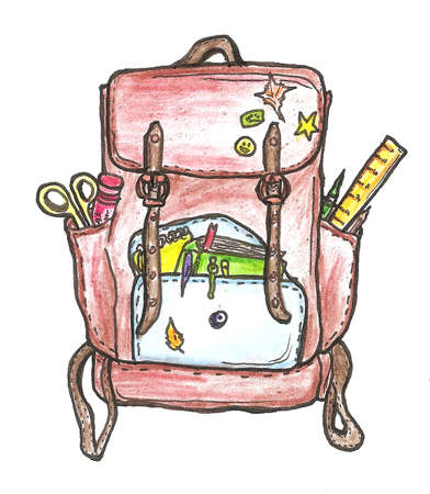 Watercolor illustration of backpack for camping. Bag for a hike or a long trip. For the design of...