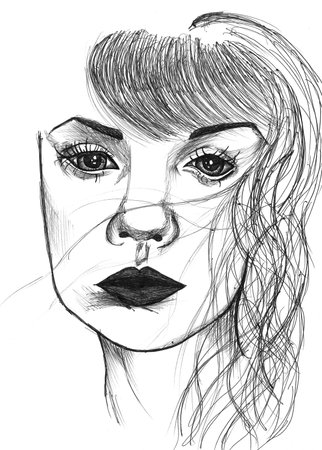 Beautiful girl face with closed eyes black and white fashion illustration. Hand drawn pencil sketch with pink watercolor.の写真素材