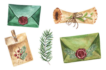 Set of christmas envelopes, scroll, bag fir tree spring sealedの写真素材