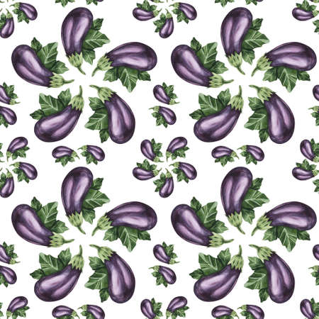 Eggplant watercolor illustration purple with green leaves hand drawn illustration seamless pattern for textile, paperの写真素材