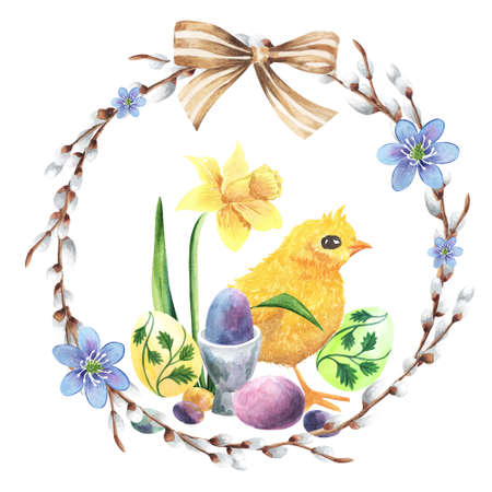 Watercolor Easter wreath. Decorative for design, banners, invitations. Round with pussy willow branch, spring flowerの写真素材
