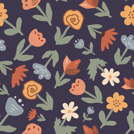 Abstract neurtral pale color different flowers set seamless patternのイラスト素材