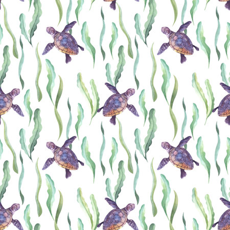 Seamless pattern with purple sea turtle, seaweeds. Underwater life printの写真素材