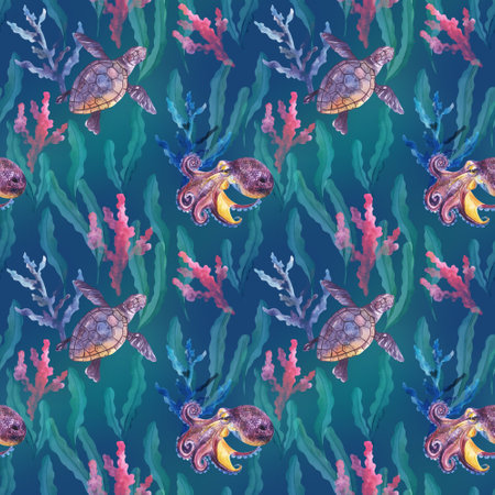 Undersea nautical watercolor print decorative sea life vintage style seamless patternの写真素材