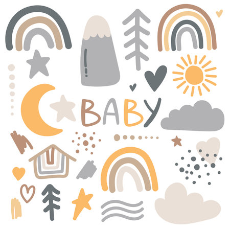 Set of cute boho baby objects in Scandinavian style. Cartoon doodle kids clipart for baby shower invitation card, nursery room decor, poster.のイラスト素材