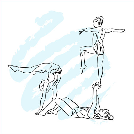 Acrobatic, balance, performance, cooperation concept. Hand drawn acrobats performing on scene concept sketch. Isolated vector illustration, acrobatics, vector sketch illustrationのイラスト素材