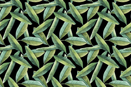 Tropical green and golden banana leaves seamless pattern on the black background. Beach wallpaper watercolor illustrationの写真素材