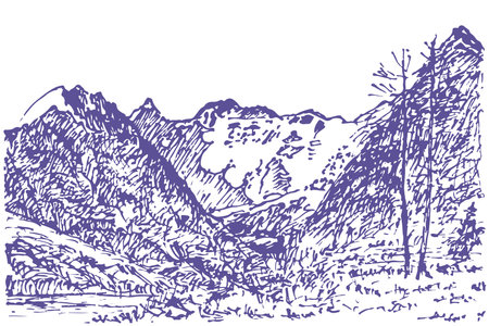 Hand drawn vector landscape with mountains, trees in the mountains. Perfect for banner, poster and sticker design.のイラスト素材