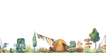 Camping watercolor seamless border. Traveling, trip, hiking, camper, nature, journey, picnic concept. fabrics, packaging, textiles, posters.の写真素材