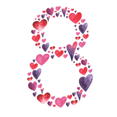 Womens Day greeting card or banner with pink cut eight number and watercolor hearts. 8 March...