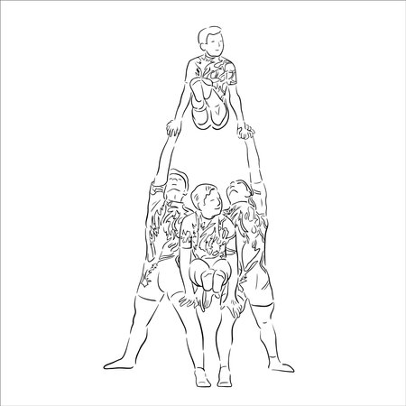 Acrobatic, balance, performance, cooperation concept. Hand drawn acrobats on scene . Isolated vector illustration , acrobatics, sketch illustrationのイラスト素材