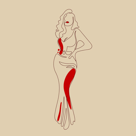 Sexy girl wearing long, evening dress. One line drawing style. Woman in elegant dress standing pose. Fashion hand drawn vector illustration.のイラスト素材