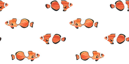 Tropical reef clown fish colorful watercolor seamless patternの写真素材