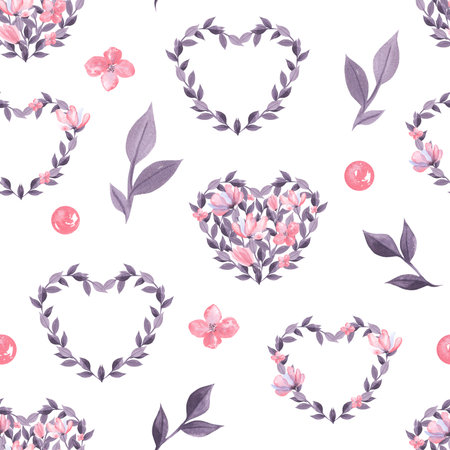 Seamless pattern Floral heart shape with pink transparent flowers and violet leaves. Watercolor for Valentine day, weddingの写真素材