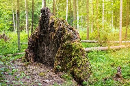 Tree root. Mysterious forest background. Old dry tree lying in the forest roots nature of an abandoned forest.の写真素材