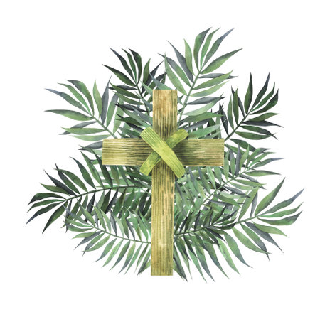 traditional branch palm christian cross symbol watercolor illustrationの写真素材