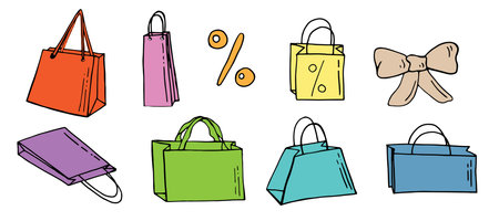 Vector Set of Black Doodle Shopping Bags Icons.のイラスト素材