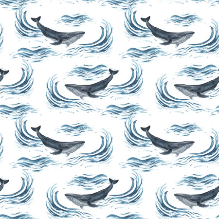 killer and humpback whale seamless pattern. watercolor arctic ice and ocean backgroundの写真素材