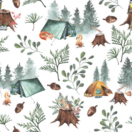 Camping in the woods.Tent, trees, bonfire, plants,fox,bear and floral.Landscape tourism.Watercolor hand drawn illustration.White background.の写真素材