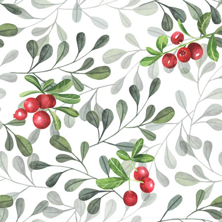 Seamless Pattern with Cowberry. Hand drawn watercolor background with red berries and green leaves. Fruits of lingonberry for wrapping paperの写真素材