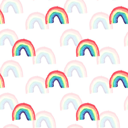 Diverse colorful rainbow seamless pattern illustration. Multi color cartoon characters in funny children doodle style. Friendly community or diversity pride background concept.の写真素材