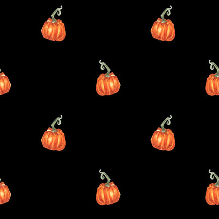 Autumn seamless pattern. Yellow fall leaves and pumpkin ornament on black backgroundの写真素材