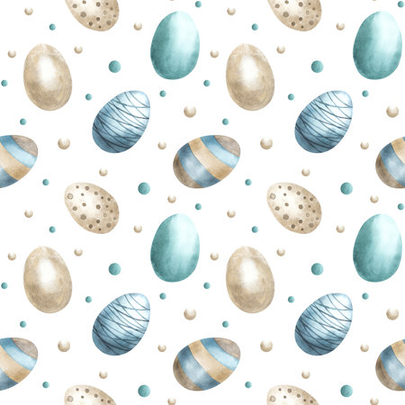 Pattern with eggs, blue and green colors gold leaves, drawn with watercolor. Easter wrapping paper design, greeting card backdrop.の写真素材