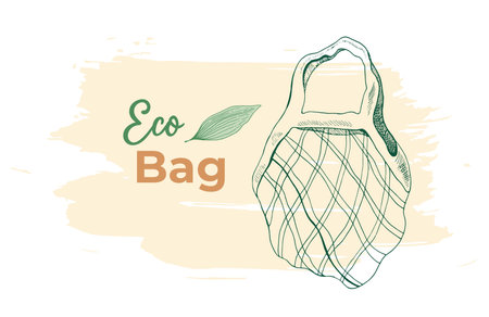 Hand Drawn net grocery Shopping Bags Collection. Black Doodle line Art Vector Illustration. No Plastic, Go Green, Eco Friendly , Plastic Bag Freeのイラスト素材