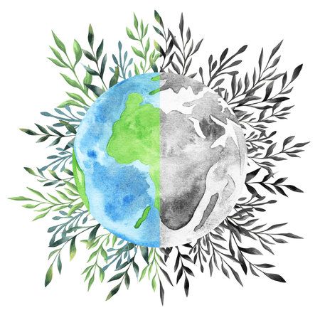 Watercolor illustration for Earth Day and Peace Day. A drawing of a globe with continents and oceans framed by wreath of green branches with leaves. The theme of love for ecology, peace and the Earth.の写真素材