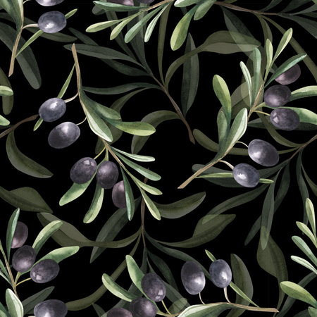 Watercolor hand drawn seamless pattern with black olives branches and leavesの写真素材