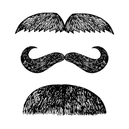Hand drawn sketch doodle vector moustache set, photo booth props.のイラスト素材