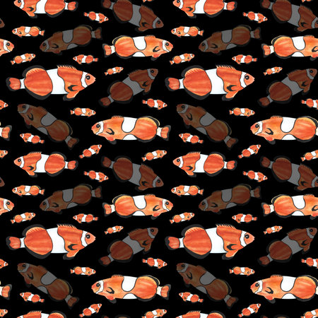Tropical reef clown fish colorful watercolor seamless patternの写真素材