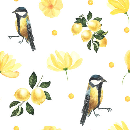 Summer pattern with lemon branch,yellow flowers and tit bird. Background with citrus fruits, watercolor hand drawn illustration, printの写真素材