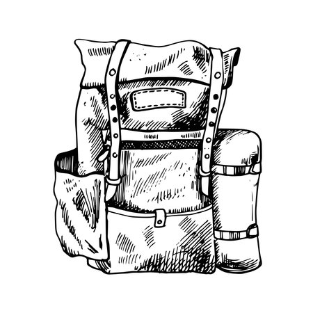 Tourist camping backpack sketch. Hike, hiking concept. Hand drawn illustration isolated on white backgroundのイラスト素材