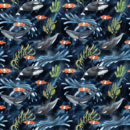 Watercolor seamless pattern with Arctic killer whale and decorative plants elements on the deep blue turquiouse background. Funny kids illustration. Ideal for childrens textile, wrapping,の写真素材