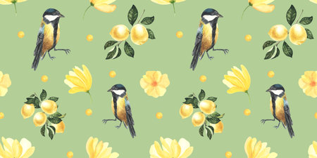 Summer pattern with lemon branch,yellow flowers and tit bird. Background with citrus fruits, watercolor hand drawn illustration, printの写真素材