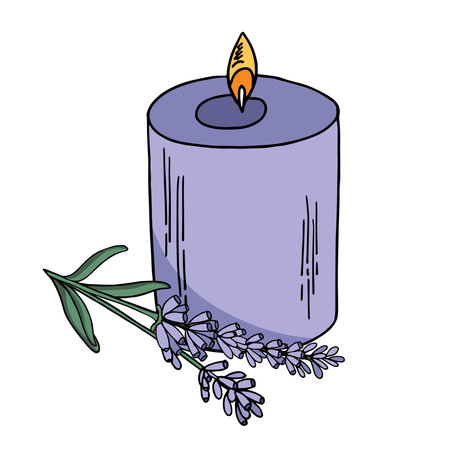 Lavender and candles on a wooden background. Vector doodle color illustrationのイラスト素材
