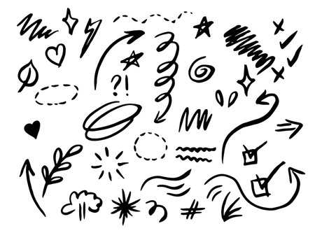 Vector set of different stars, sparkles, arrows, hearts, signs and symbols. Hand drawn, doodle elements isolated on white backgroundのイラスト素材