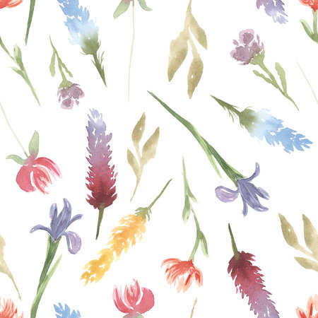 Watercolor floral seamless pattern in vintage rustic style, colored garden illustration on white background, hand painting print with abstract flowers, leaves and plants, design texture.の写真素材