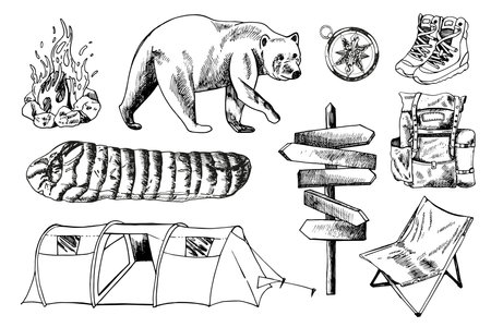 camping trip, outdoor adventure, hiking. Set of tourism equipment. engraved hand drawn in sketch, hand drawn style for label. bear and compass, pointer. backpack and tentのイラスト素材