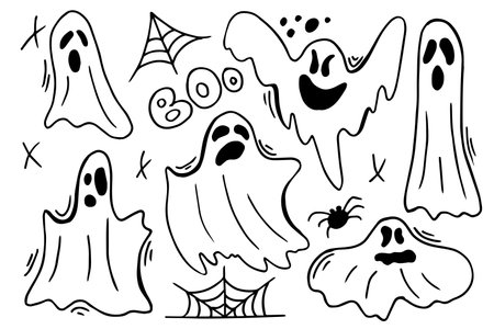 ghosts. Halloween animal. Vector Hand Drawn. Line art. Sketch Illustration. Ghost. For seasonal design, textile, decoration kids playroom or greeting card. Hand drawn prints and doodle.のイラスト素材