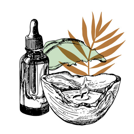 Organic cosmetics. Bottle, Plant,wooden candle. Sketch doodle. Set of abstract vector illustrations. boho styleのイラスト素材