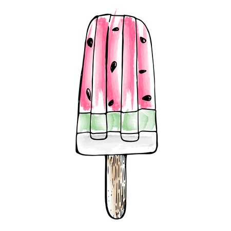 Colorful ice cream watermelon. Vector illustration in cartoon doodle styleのイラスト素材
