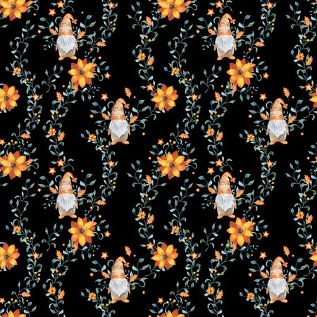 Nordic gnomes with autumn leaves seamless pattern. Watercolor red and yellow floweers fall repeated background. Hand drawn illustration on black background. For textile, wrapping paper, etc.の写真素材