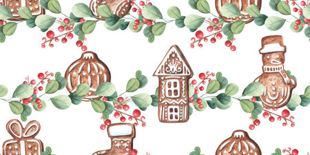 Christmas gingerbread pattern. Festive background with gingerbread cookies, winter plant, red berries decor, Watercolor illustration on a white background.Holiday cardの写真素材