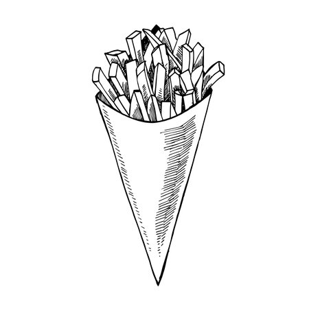 Paper bag with french fries. Sketch. Engraving style. Vector illustration.のイラスト素材
