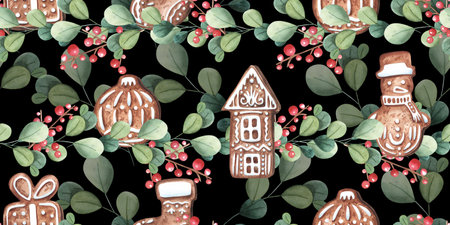 Christmas gingerbread pattern. Festive background with gingerbread cookies, winter plant, red berries decor, Watercolor illustration on a black background.Holiday cardの写真素材