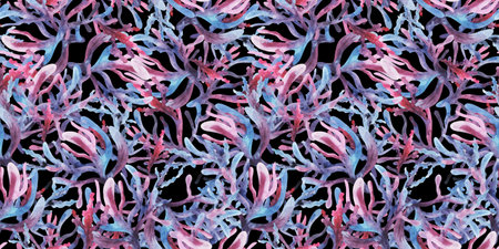 Seaweed, corals. Watercolor seamless pattern with underwater plants on black background. Abstract floral texture. Perfect for design templates, wallpaper, wrapping, fabric and textileの写真素材